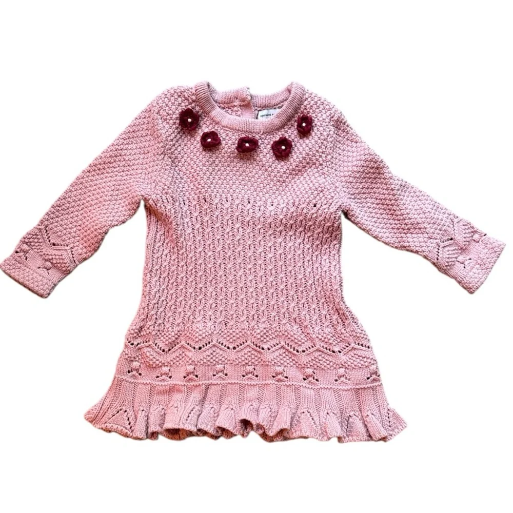 Cupcakes and Cashmere Baby Floral Pointelle Appliqué Knit Sweater Dress, 6-9 Mos